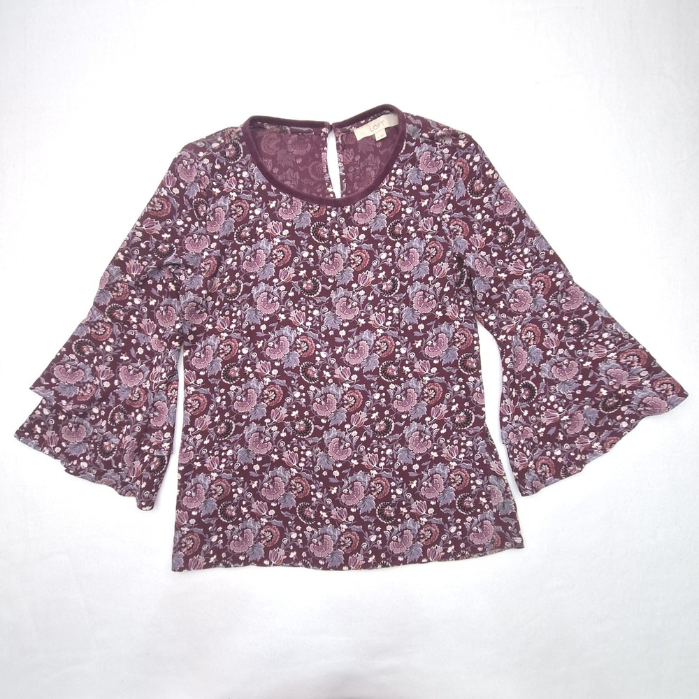 LOFT Blouse Womens Small Burgundy Purple Floral Tiered Bell Sleeve Boho Top